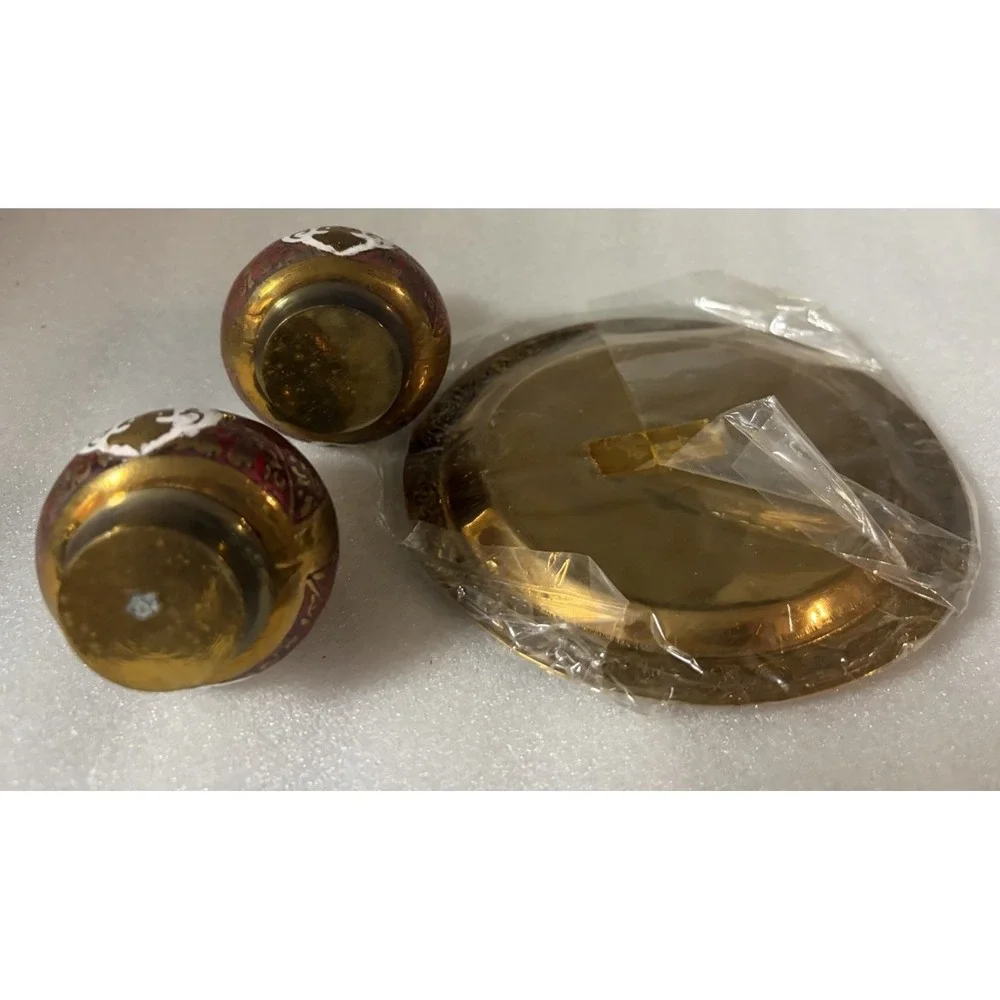 Vintage Siam Thailand Brass Enamel Buddha Salt Pepper Shakers Tray Red